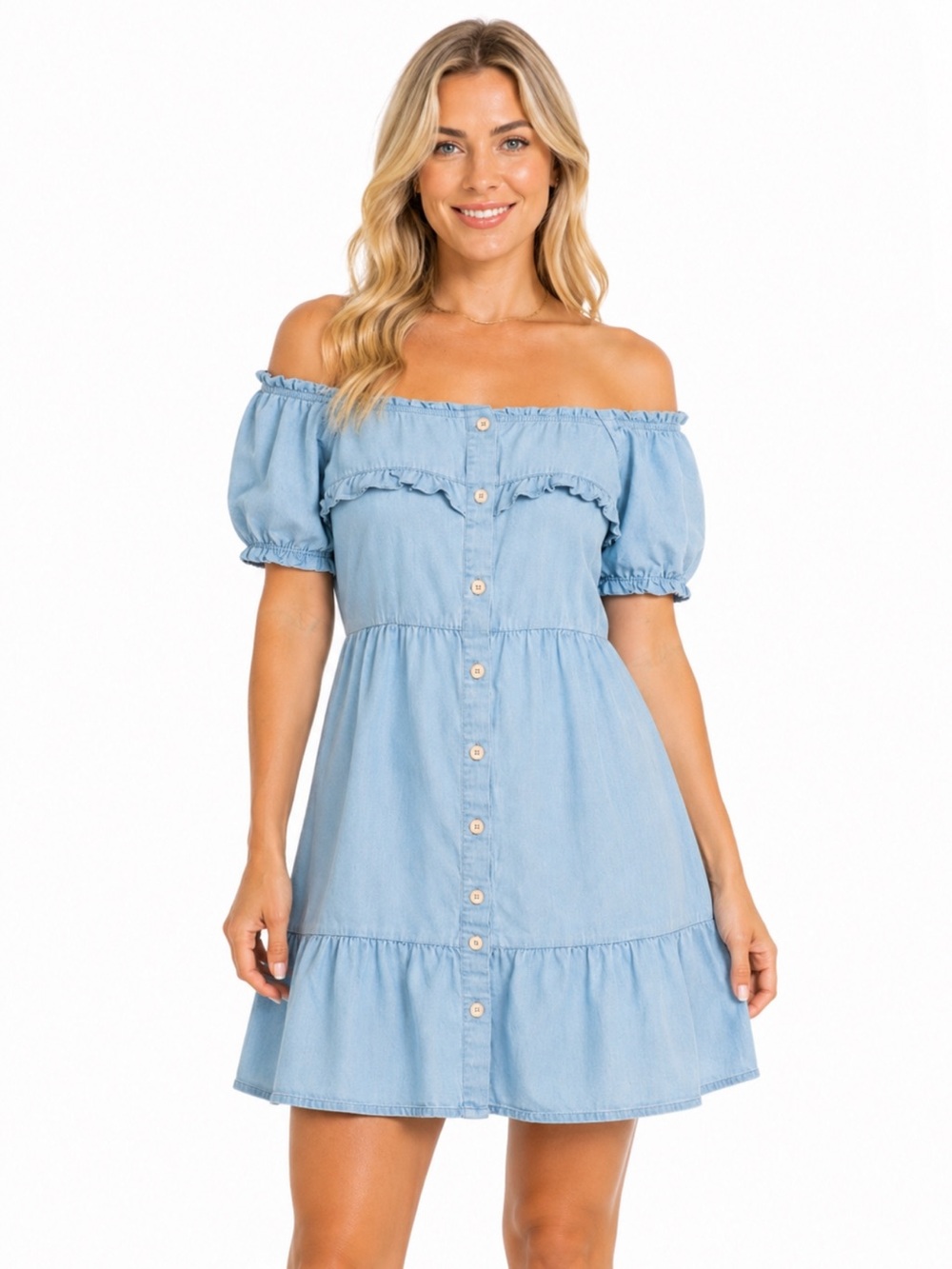 Stoney Clover LN Blue Linen Blend Puff Sleeve Ruffle Button Front Dress - 1X